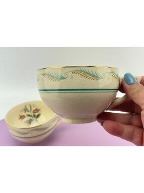 Vintage Wedgwood tea cups, Fanfare by Albert Wagg, cream teal and gold porcelain